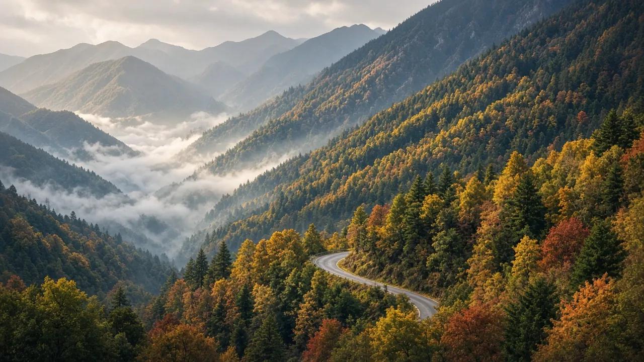 高黎貢山山谷黃橘紅綠交錯的秋季山林與雲霧情境示意