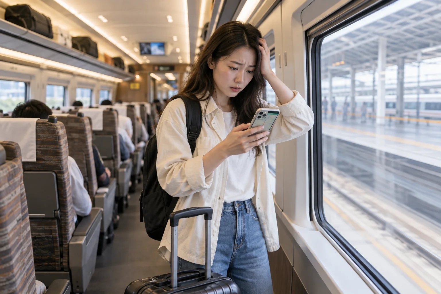 旅客在高鐵車廂內查看到站資訊的情境示意