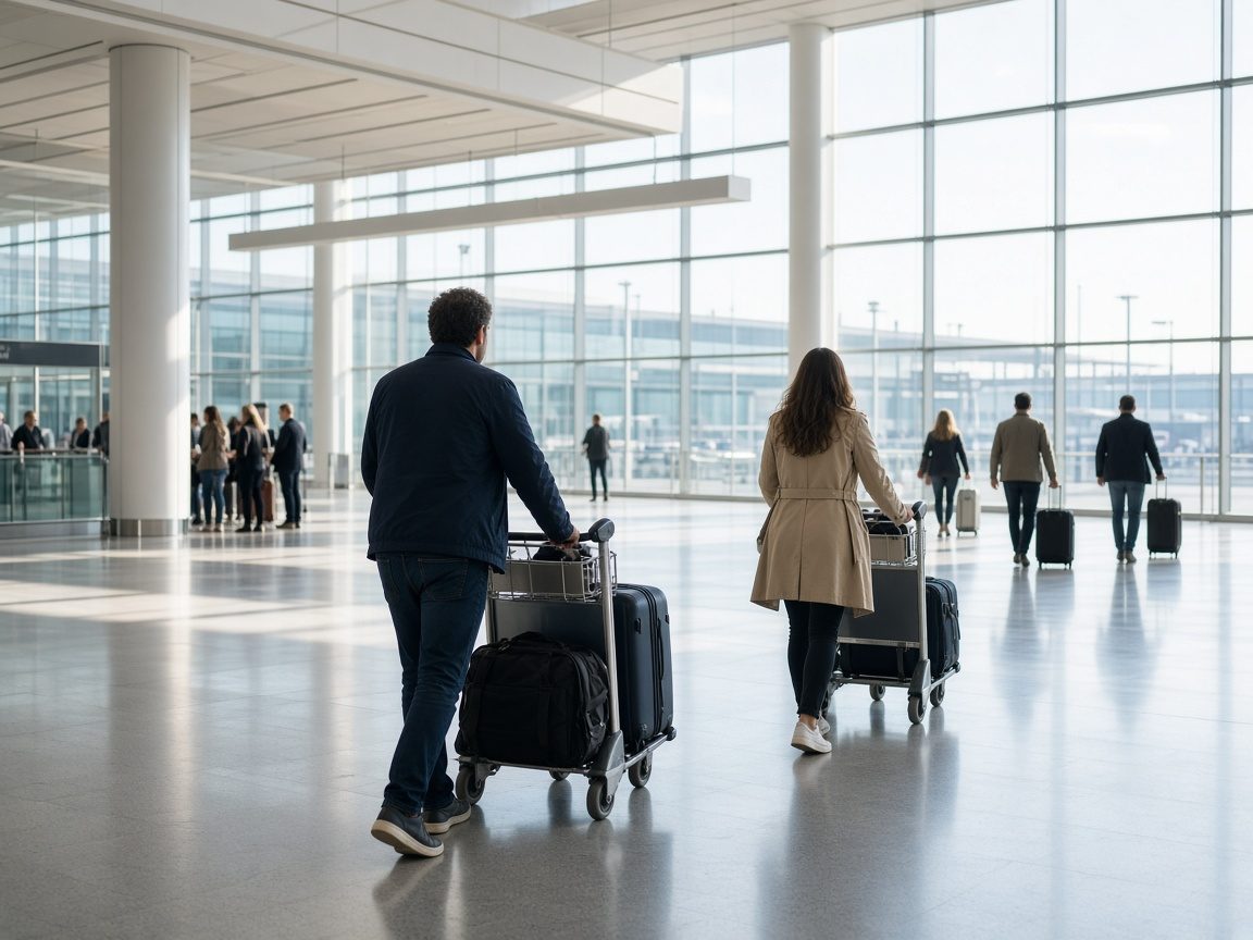 機場到達大廳推著行李的旅客情境示意