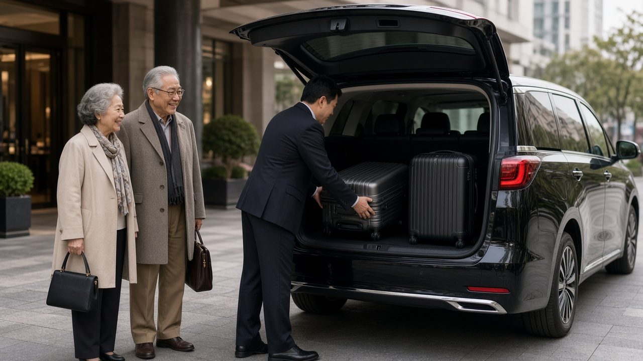 包車司機把兩個行李箱放進商務車後車廂,一對長輩夫婦在旁等候的情境示意