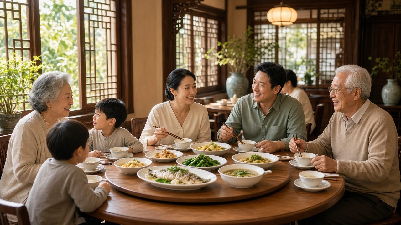 三代同行家庭圍著圓桌吃白飯、熱湯與青菜等中菜的情境示意