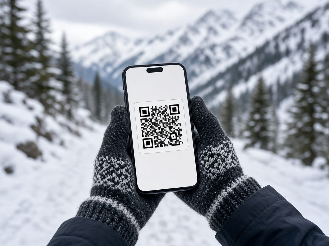 戴手套的旅客拿手機出示電子票券 QR code