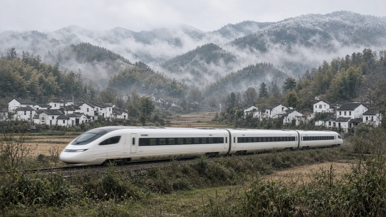 高鐵列車行經白牆黑瓦村落與霧中山丘