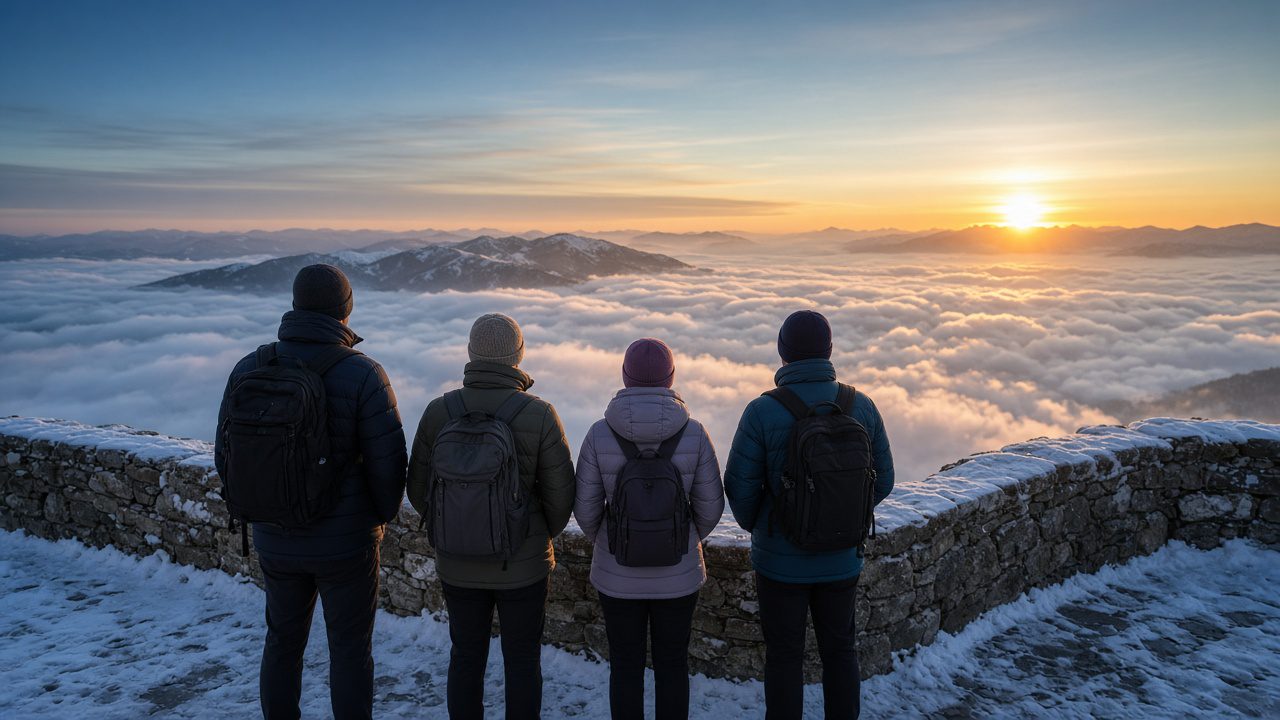 穿羽絨衣的旅客在雪地觀景台看雲海日出