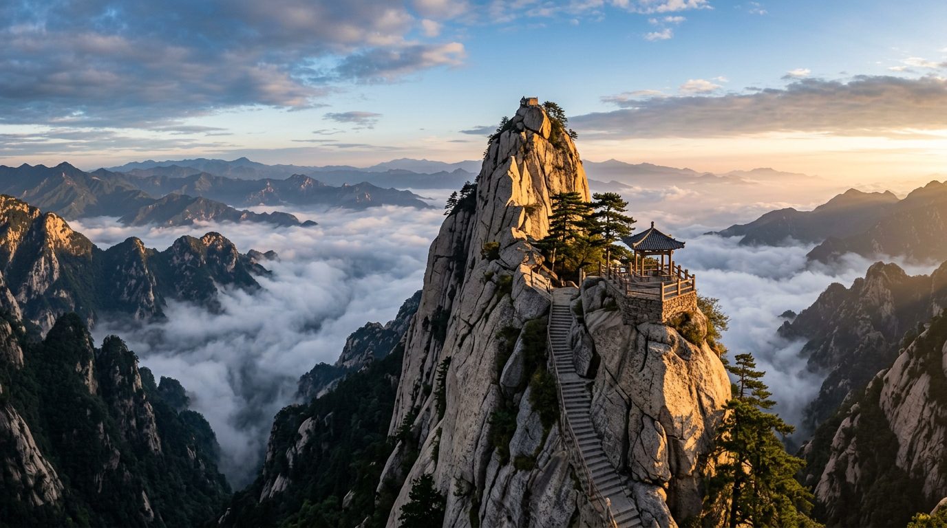 華山北峰雲台峰與險峻山巒情境示意