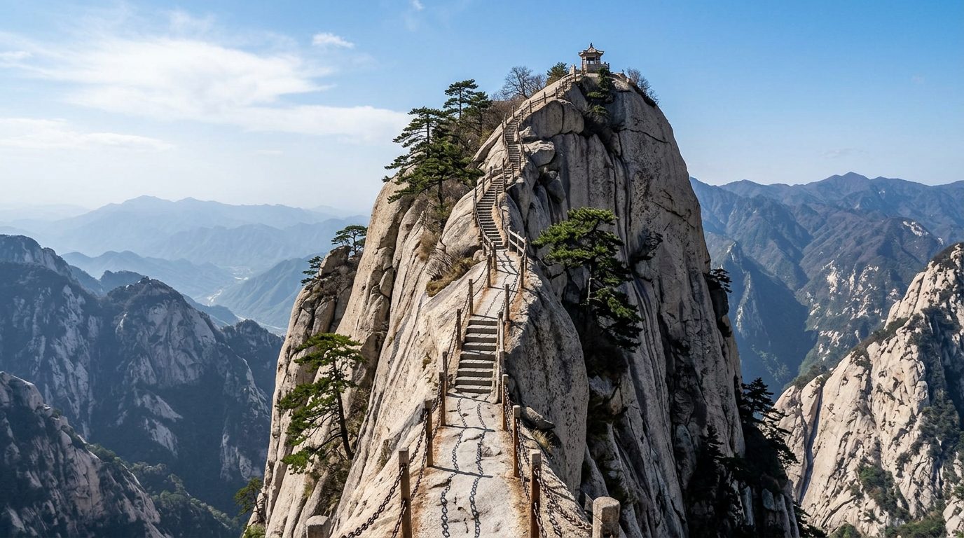 華山西峰蓮花峰山脊與險徑情境示意