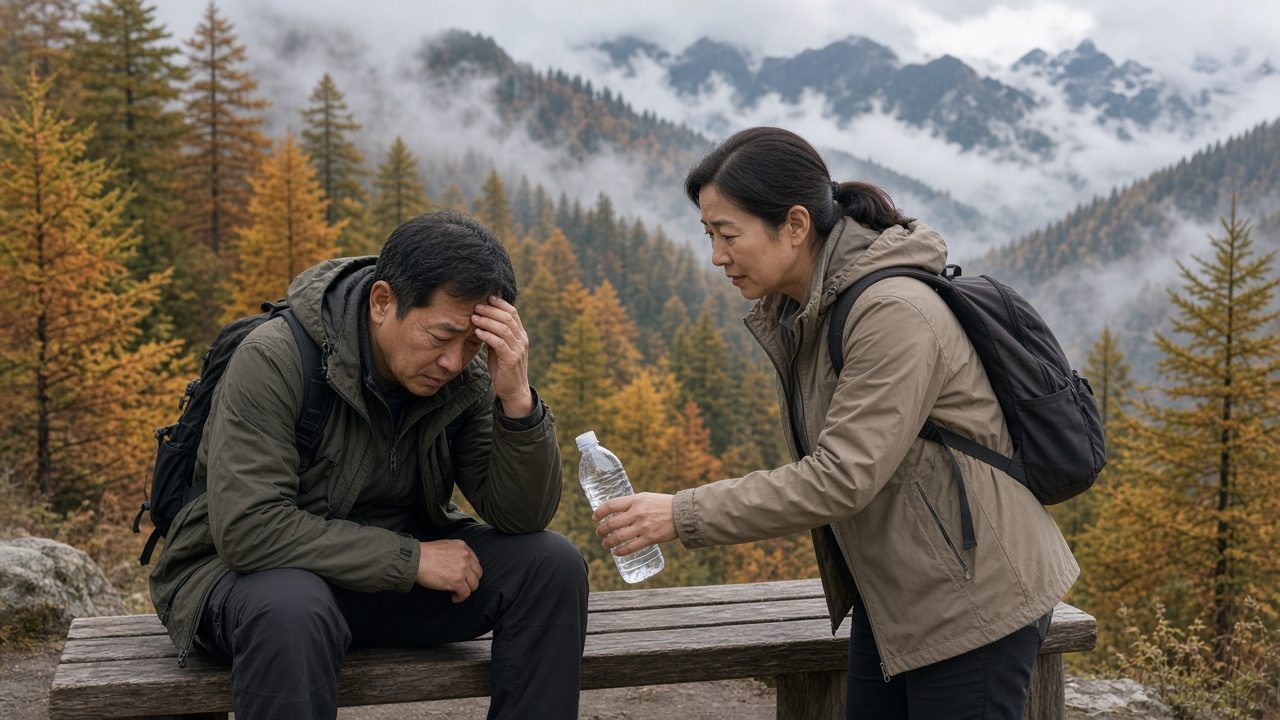 秋天的高原景區步道旁,一位旅客坐在長椅上扶著頭,同伴遞水給他的高反不適休息情境示意