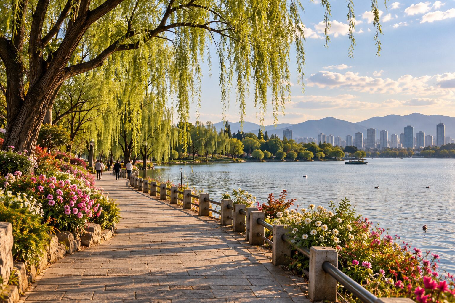昆明城市湖畔散步情境示意