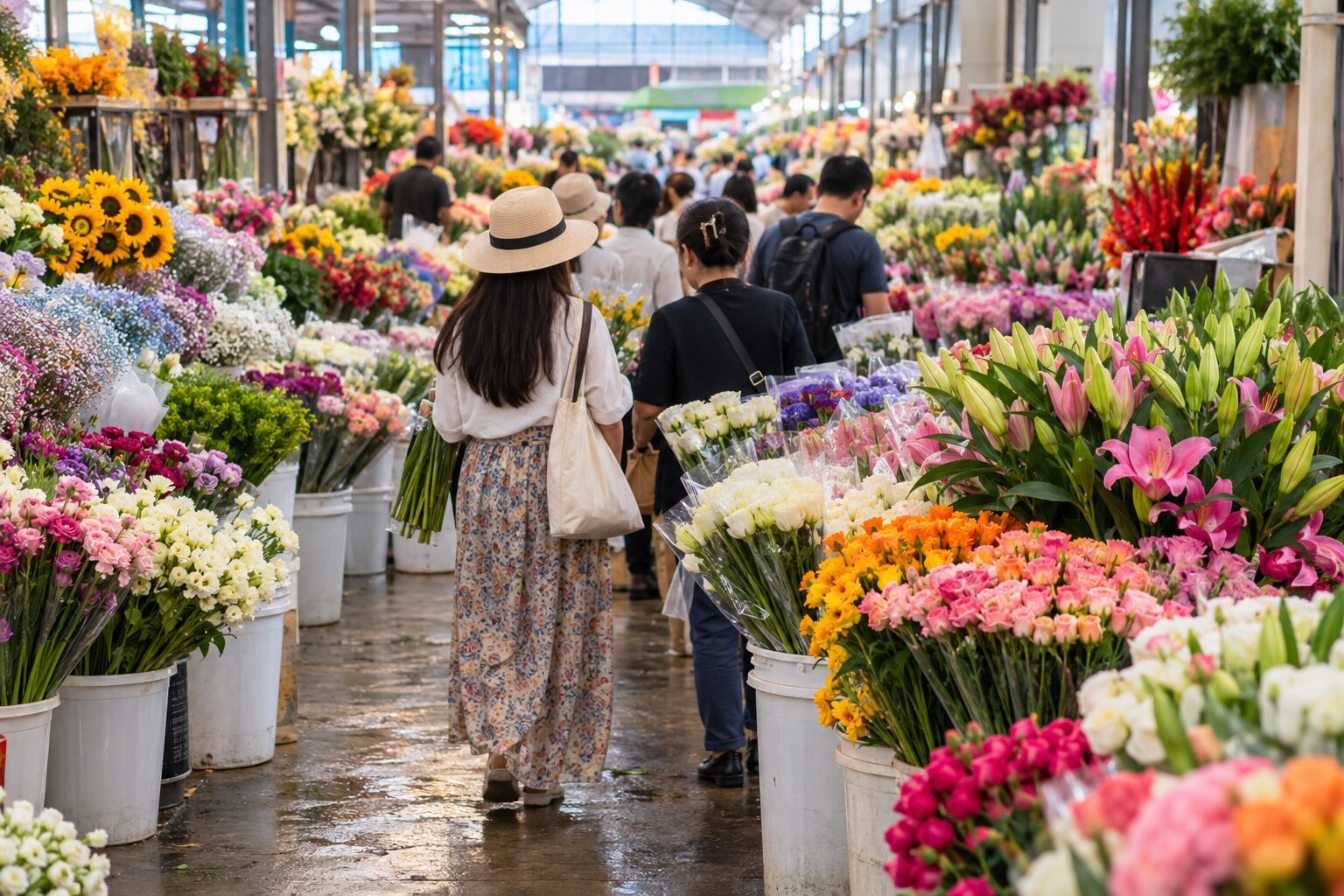 花市鮮花與旅客選花的情境示意