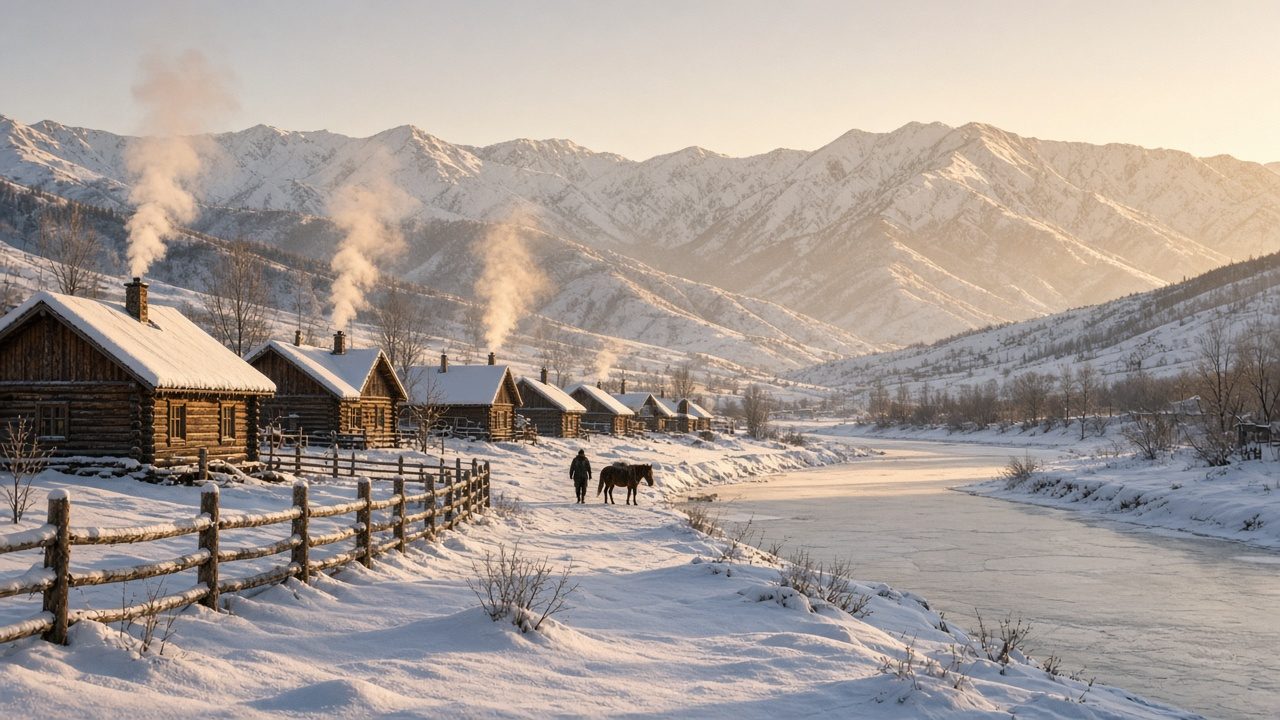 雪中小村與牽馬行人的情境示意