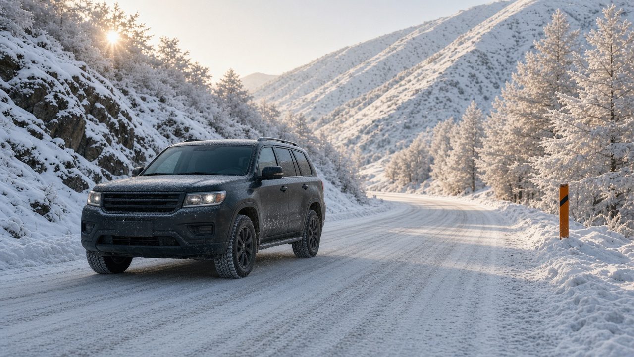 雪地胎越野車行駛在冰雪山路的情境示意