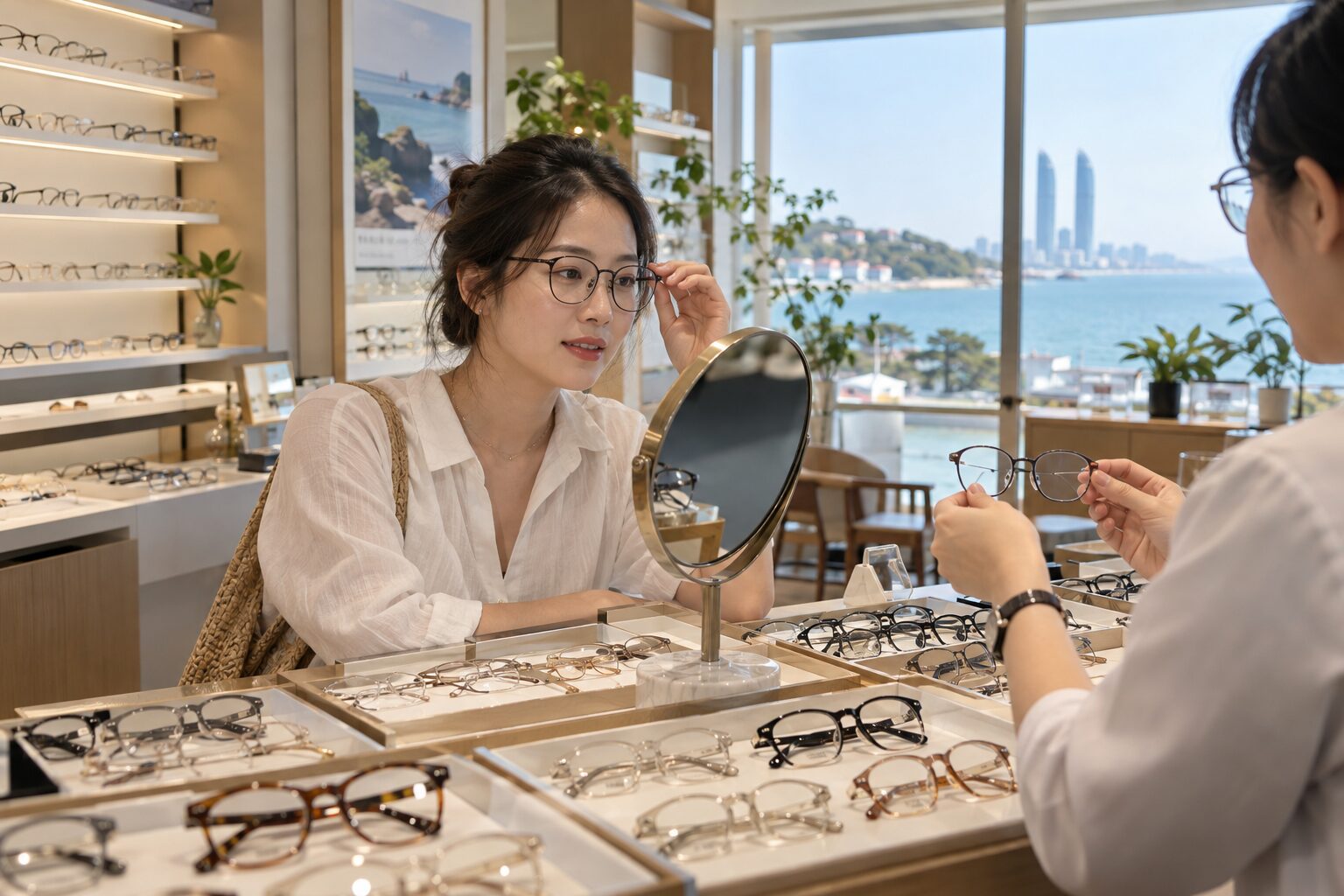旅客在眼鏡店比較鏡框的情境示意