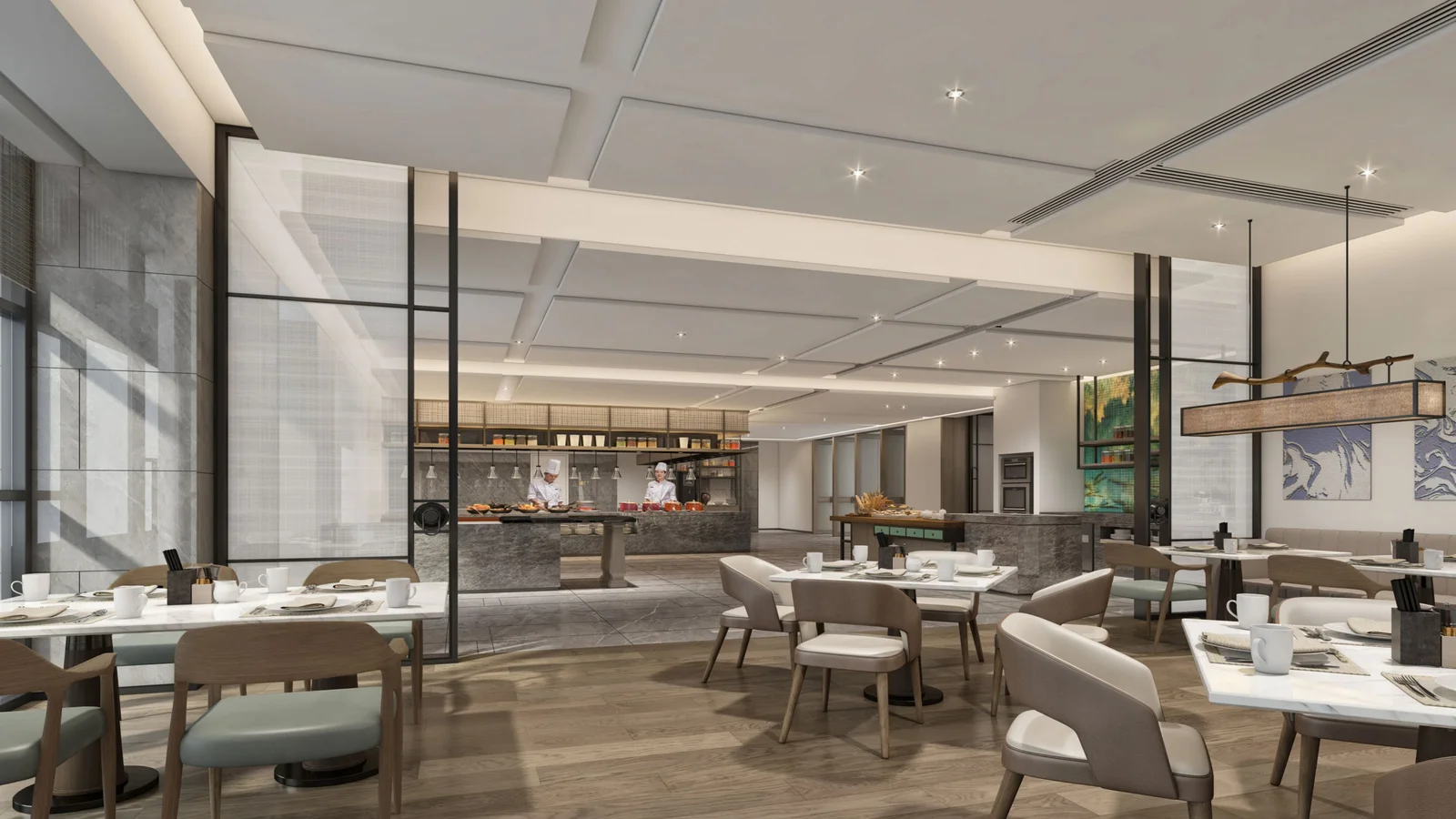 九寨溝萬怡酒店萬薈軒全日餐廳取餐吧檯與明亮用餐空間